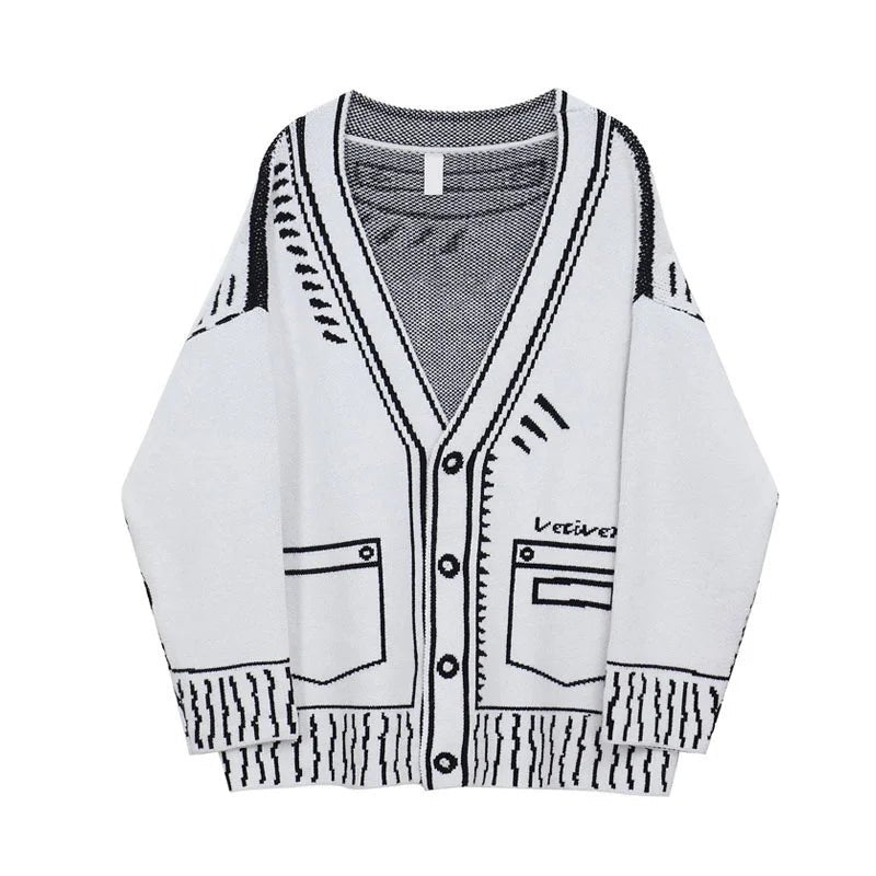 Printed Graffiti V-Neck Knitted Cardigan – Oversized Single-Breasted Jacket for Chic Autumn & Winter Fashion