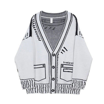 Printed Graffiti V-Neck Knitted Cardigan – Oversized Single-Breasted Jacket for Chic Autumn & Winter Fashion