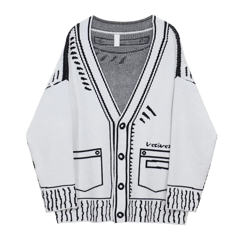 Printed Graffiti V-Neck Knitted Cardigan – Oversized Single-Breasted Jacket for Chic Autumn & Winter Fashion