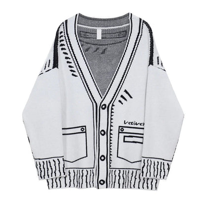 Printed Graffiti V-Neck Knitted Cardigan – Oversized Single-Breasted Jacket for Chic Autumn & Winter Fashion