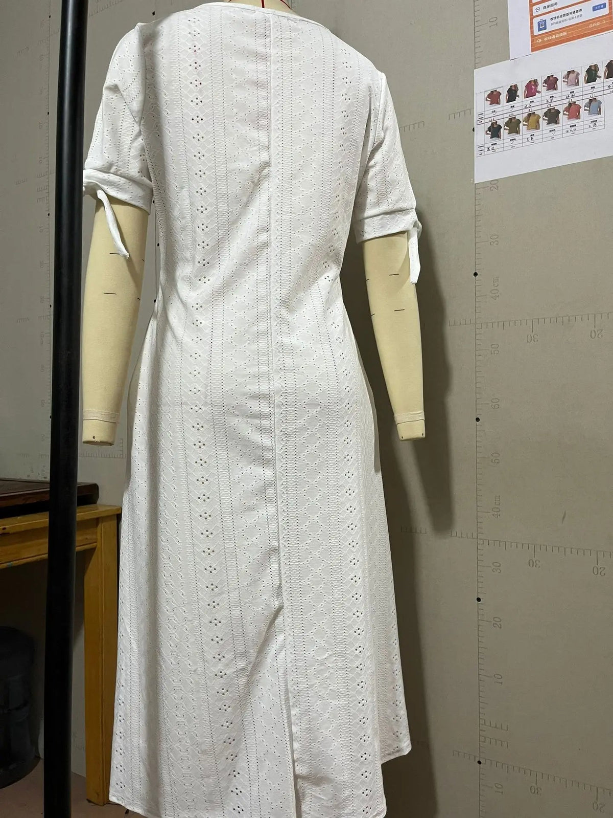 White Hollow Out A Long Dress – Lace Tie Chic Summer Maxi Dress with High Waist and V-Neck for Beach and Elegant Evenings