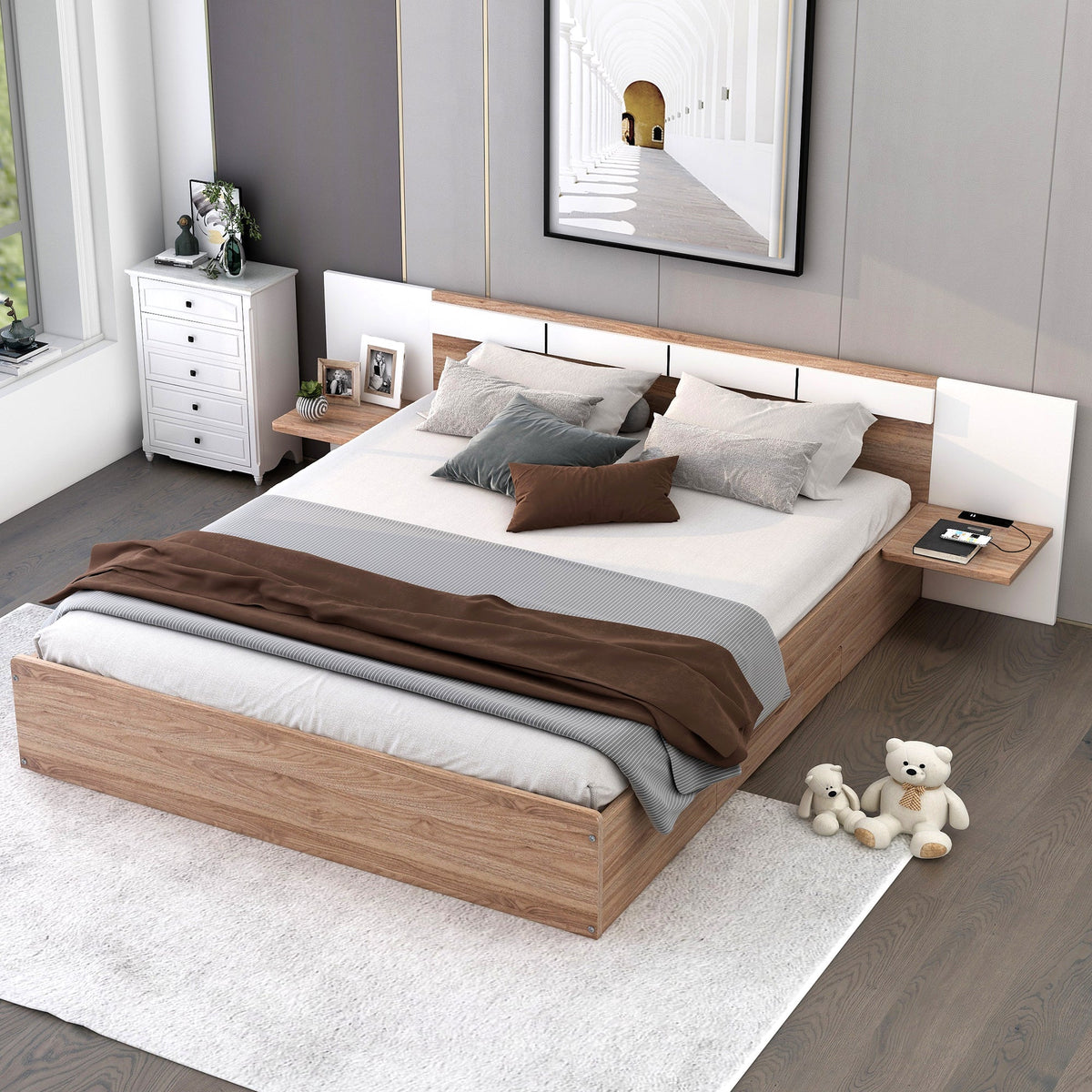 Queen Size Platform Bed with Headboard, Drawers, Shelves, USB Ports, and Sockets