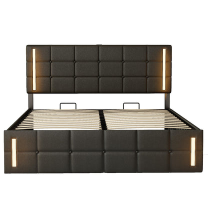 Queen Size Upholstered Bed with LED Lights, Hydraulic Storage System, and USB Charging Station