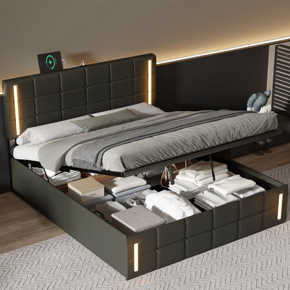 Queen Size Upholstered Bed with LED Lights, Hydraulic Storage System, and USB Charging Station