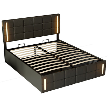 Queen Size Upholstered Bed with LED Lights, Hydraulic Storage System, and USB Charging Station