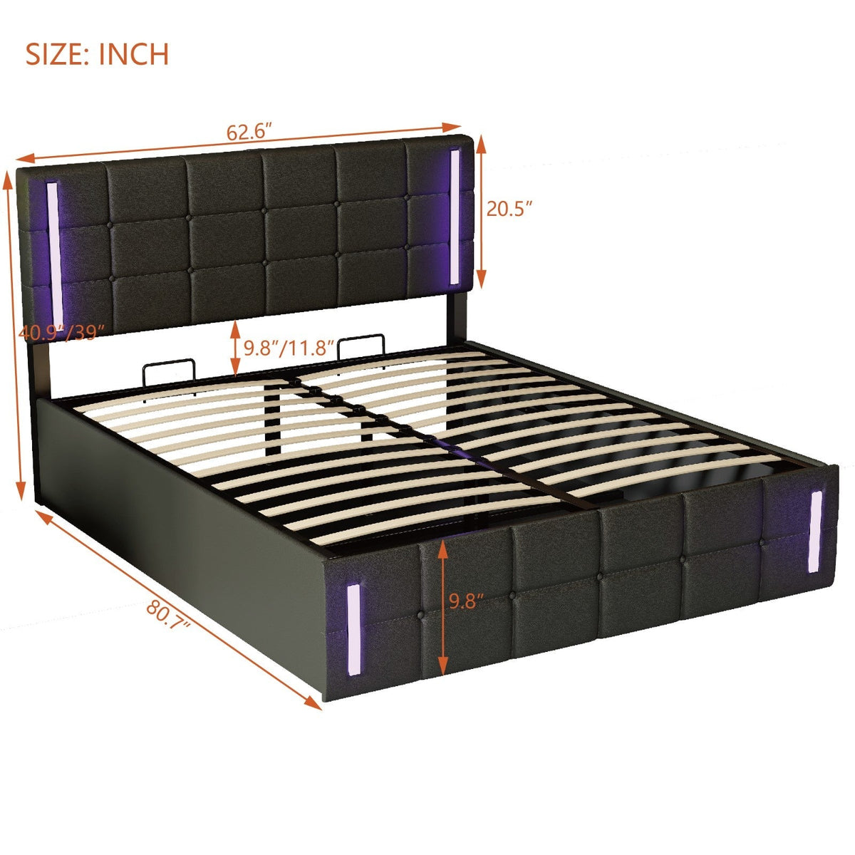 Queen Size Upholstered Bed with LED Lights, Hydraulic Storage System, and USB Charging Station