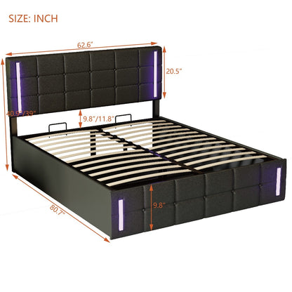 Queen Size Upholstered Bed with LED Lights, Hydraulic Storage System, and USB Charging Station