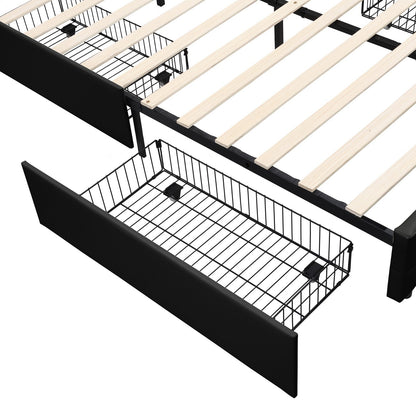 Queen Size Upholstered Platform Bed with LED Lights and USB Charging, Storage Bed with 4 Drawers