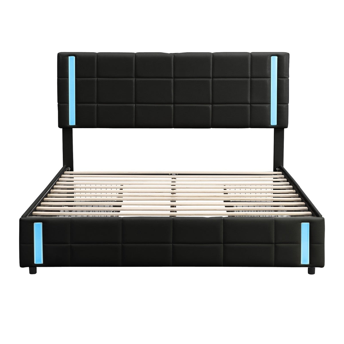 Queen Size Upholstered Platform Bed with LED Lights and USB Charging, Storage Bed with 4 Drawers