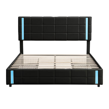Queen Size Upholstered Platform Bed with LED Lights and USB Charging, Storage Bed with 4 Drawers