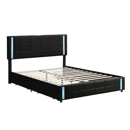 Queen Size Upholstered Platform Bed with LED Lights and USB Charging, Storage Bed with 4 Drawers