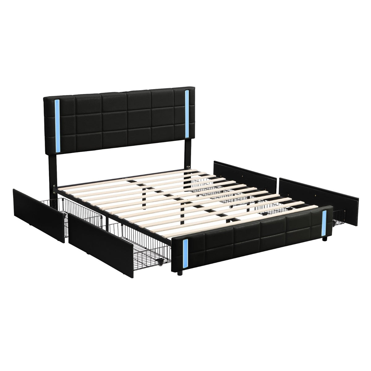 Queen Size Upholstered Platform Bed with LED Lights and USB Charging, Storage Bed with 4 Drawers