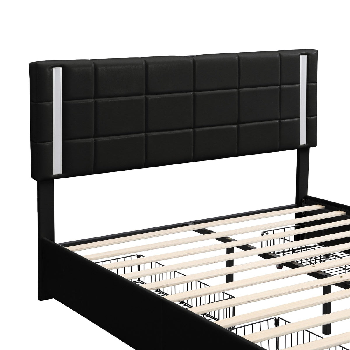 Queen Size Upholstered Platform Bed with LED Lights and USB Charging, Storage Bed with 4 Drawers