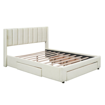 Queen Size Upholstered Platform Bed with One Large Drawer in the Footboard and Drawer on Each Side