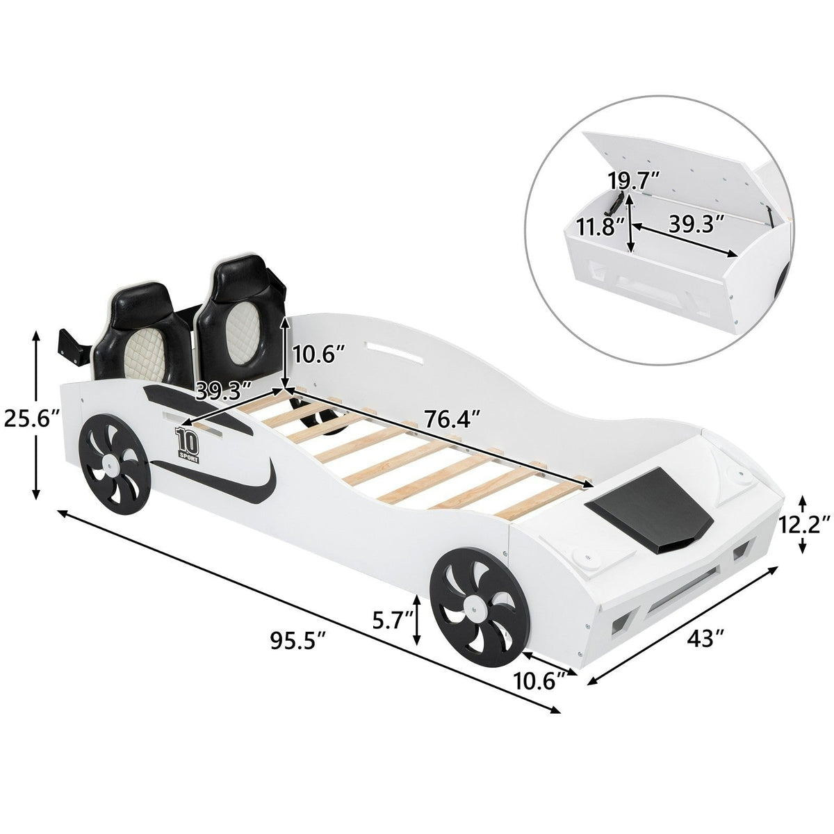 Race Car-Shaped Twin Size Platform Bed with Upholstered Backrest and Storage