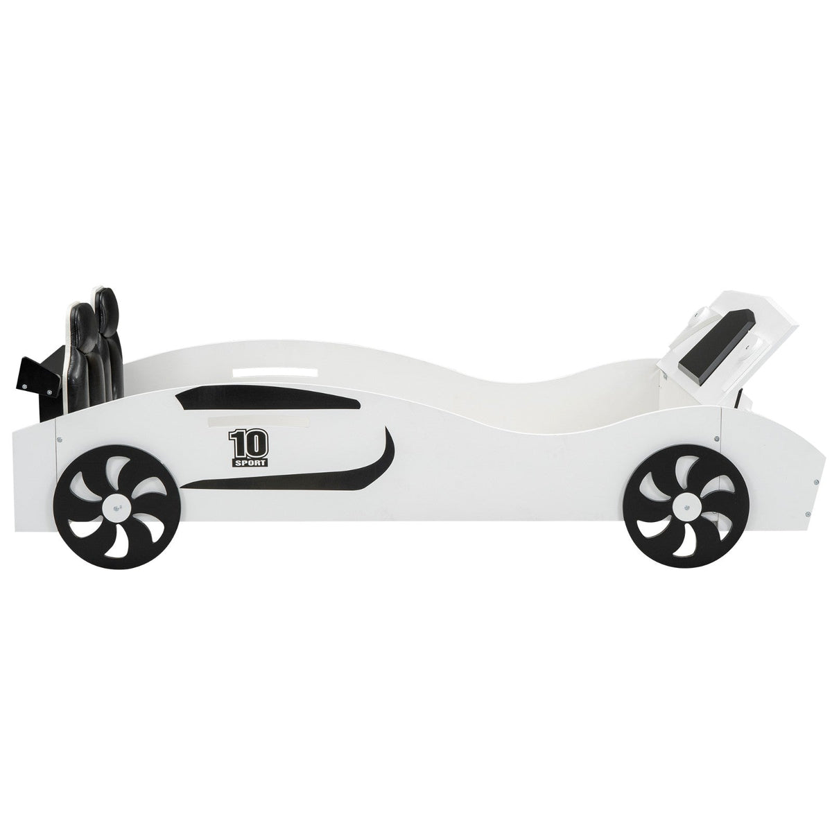 Race Car-Shaped Twin Size Platform Bed with Upholstered Backrest and Storage