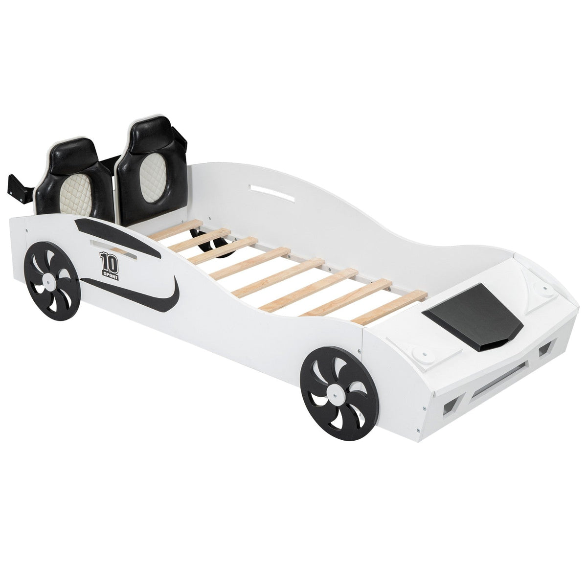 Race Car-Shaped Twin Size Platform Bed with Upholstered Backrest and Storage