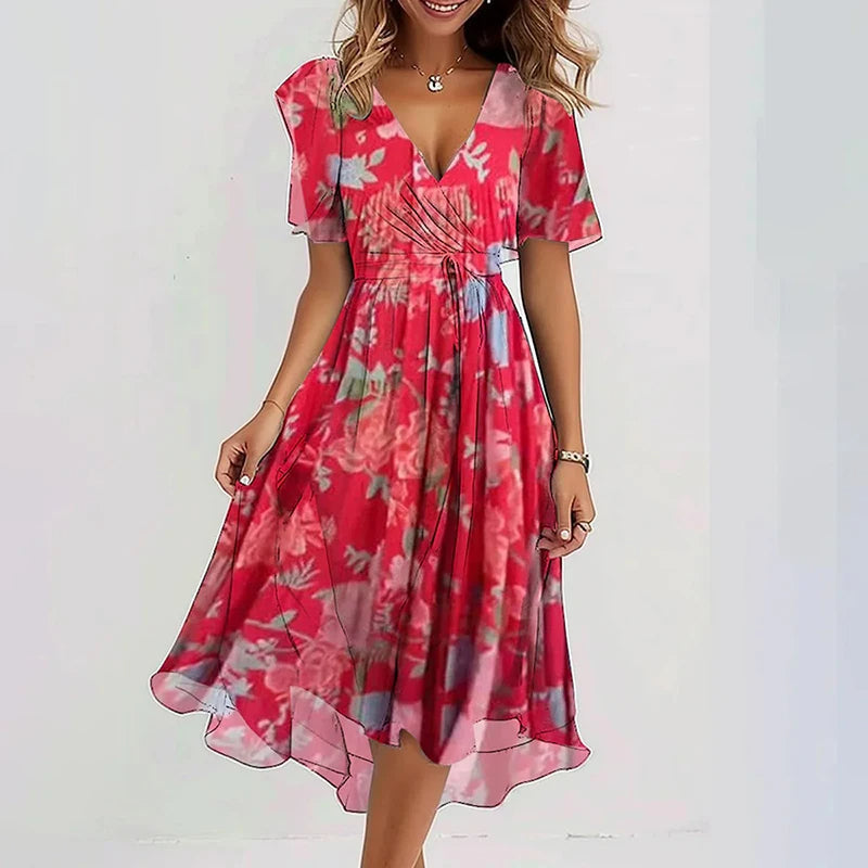 Floral Draped Chiffon Dress – Summer Office Dress with V Neck and High Waist A-Line Fit, Perfect for Elegant Occasions