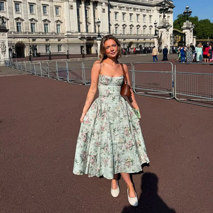 Green Floral Midi Dress – Sexy Low Waist Spaghetti Strap A-Line Summer Dress for Beach Holidays and 2025 Parties