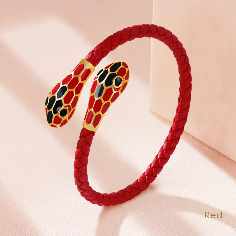 Double Snake Head Leather Bracelet – Classic Moonlight Braided Jewelry for Women’s Fashion with Genuine Leather & Gift Appeal