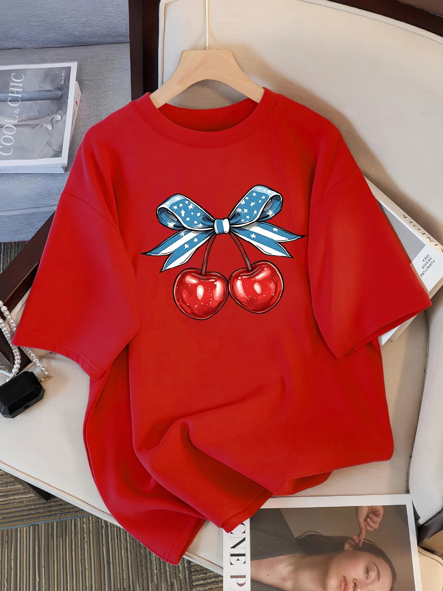 Women’s Cotton Cherry Print T-Shirt – Summer Loose Hip Hop Tee with Flag Bow Detail, Breathable Comfort, and Stylish Streetwear Vibe