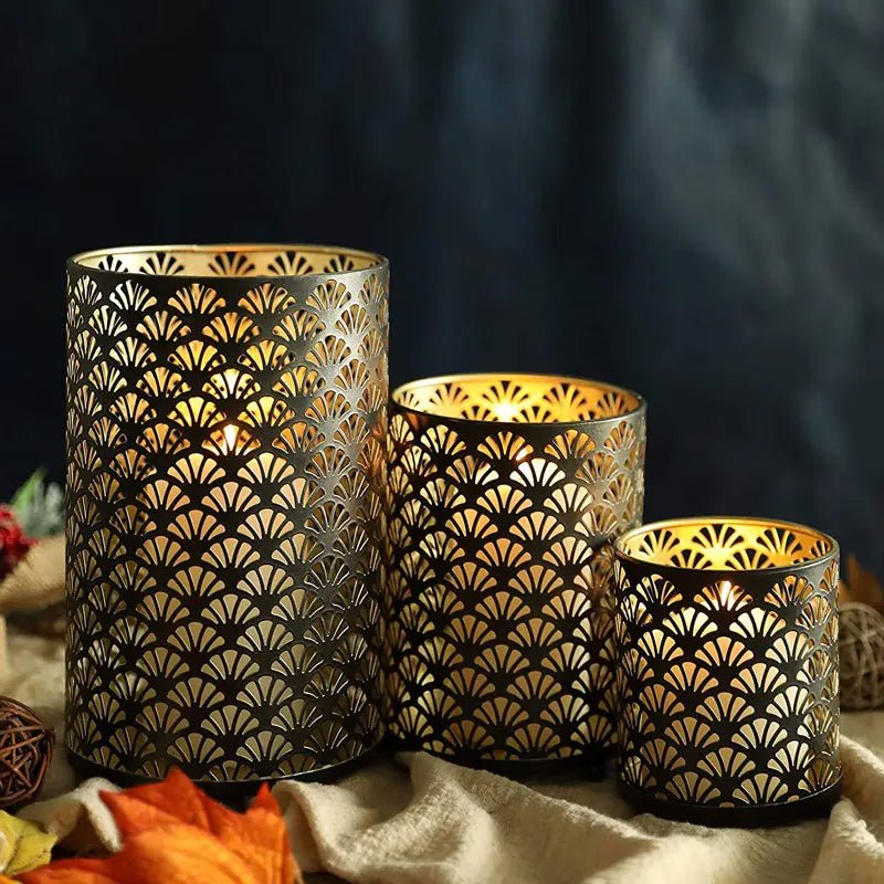Retro Metal Candle Holders – 3-Piece Fan Pattern Set for Timeless Home, Wedding & Garden Décor