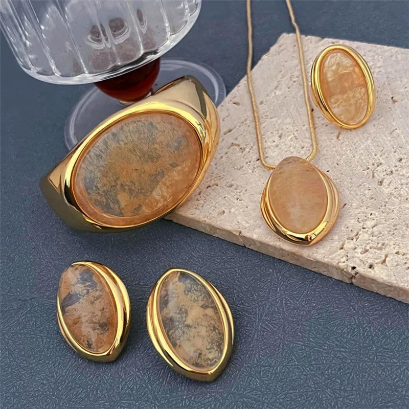Natural Stone Open Bangle for Women – Elegant Brass Metal Bracelet for Light Luxury Fashion, Travel, and Party Accessories