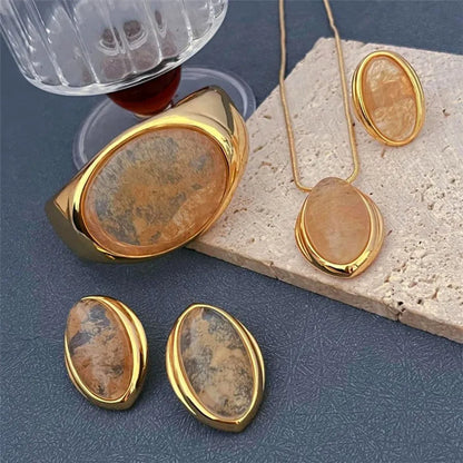 Natural Stone Open Bangle for Women – Elegant Brass Metal Bracelet for Light Luxury Fashion, Travel, and Party Accessories