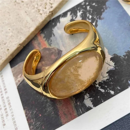 Natural Stone Open Bangle for Women – Elegant Brass Metal Bracelet for Light Luxury Fashion, Travel, and Party Accessories