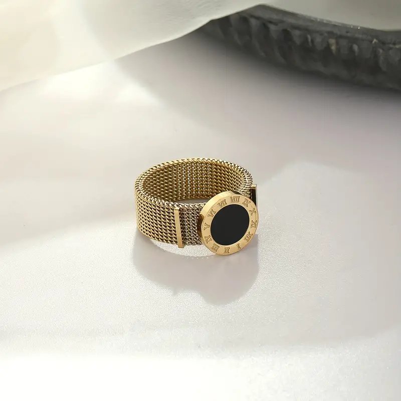 Roman Numerals Network Chain Rings - Titanium Stainless Steel Black Acrylic Wedding Ring For Women