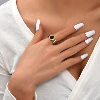 Roman Numerals Network Chain Rings - Titanium Stainless Steel Black Acrylic Wedding Ring For Women