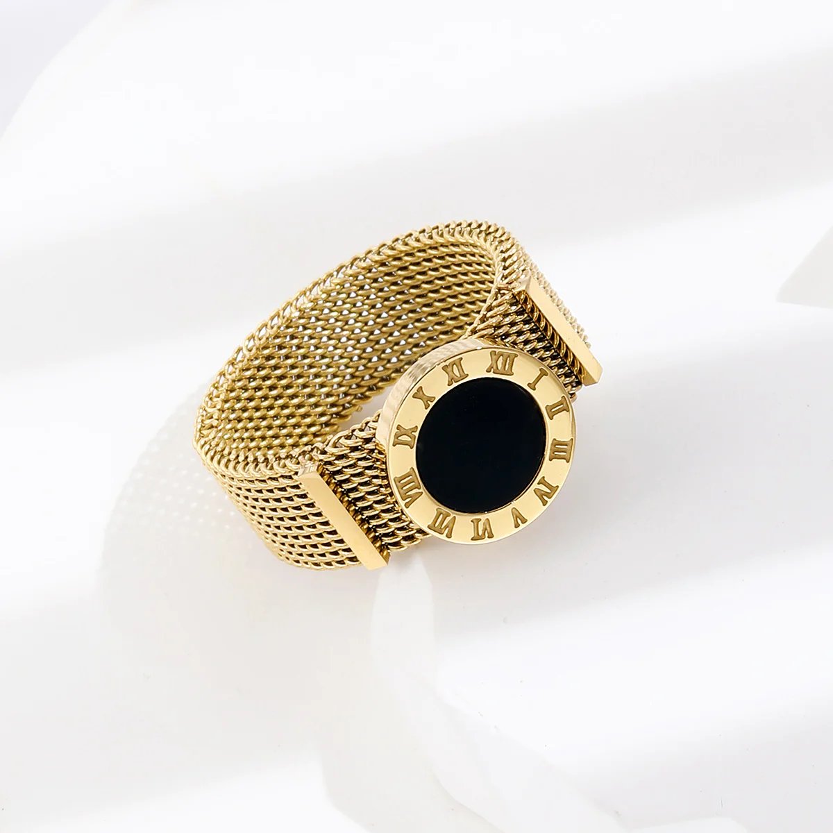 Roman Numerals Network Chain Rings - Titanium Stainless Steel Black Acrylic Wedding Ring For Women
