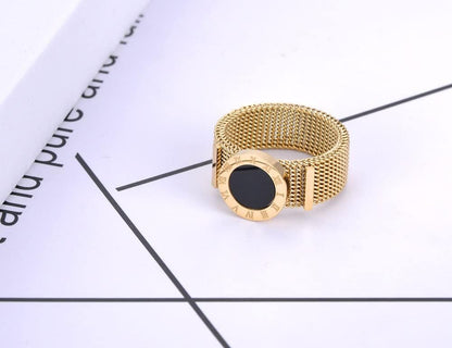 Roman Numerals Network Chain Rings - Titanium Stainless Steel Black Acrylic Wedding Ring For Women
