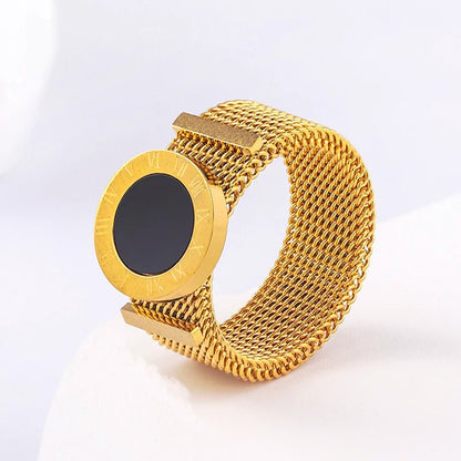 Roman Numerals Network Chain Rings - Titanium Stainless Steel Black Acrylic Wedding Ring For Women