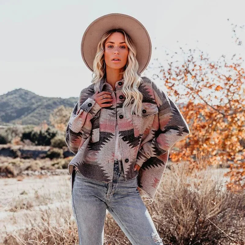 Vintage Aztec Denim Jacket with Collar – Wool Lined Loose Fit Long Sleeve Outerwear for Trendy Streetwear Vibes