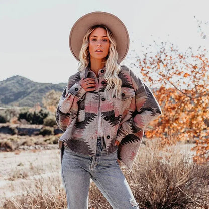 Vintage Aztec Denim Jacket with Collar – Wool Lined Loose Fit Long Sleeve Outerwear for Trendy Streetwear Vibes
