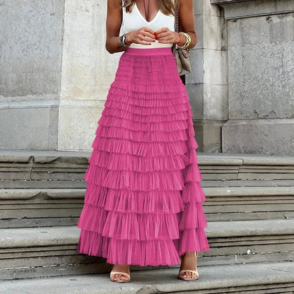 Elegant Women’s Tiered Tulle Maxi Skirt – High Waist Pleated Mesh Ball Gown Perfect for Dating, Parties, and Daily Chic