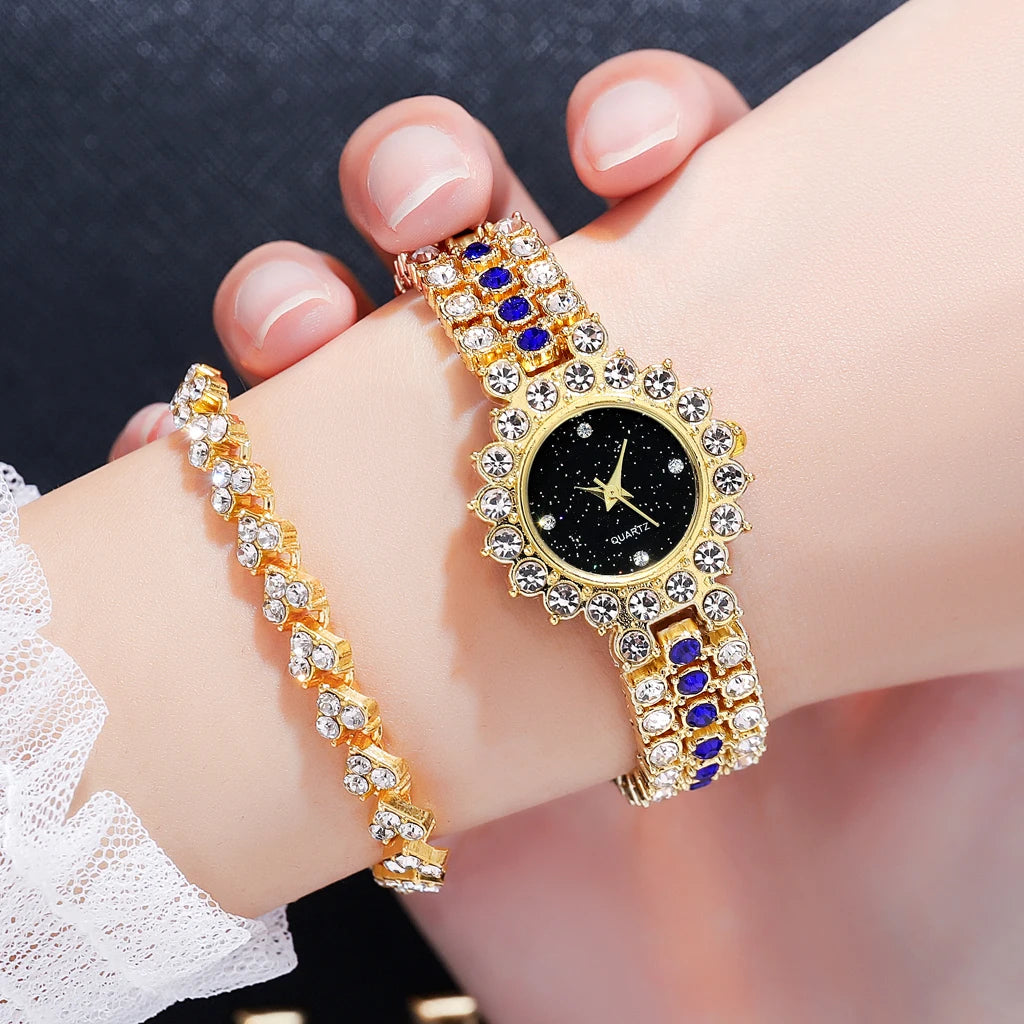 Multicolor Temperament Women's Fashion Crystal Watch Set – Elegant Rhinestone Alloy Wristwatch for Women