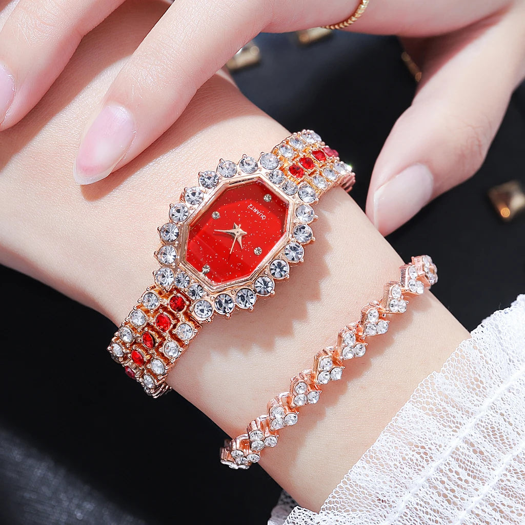 Multicolor Temperament Women's Fashion Crystal Watch Set – Elegant Rhinestone Alloy Wristwatch for Women