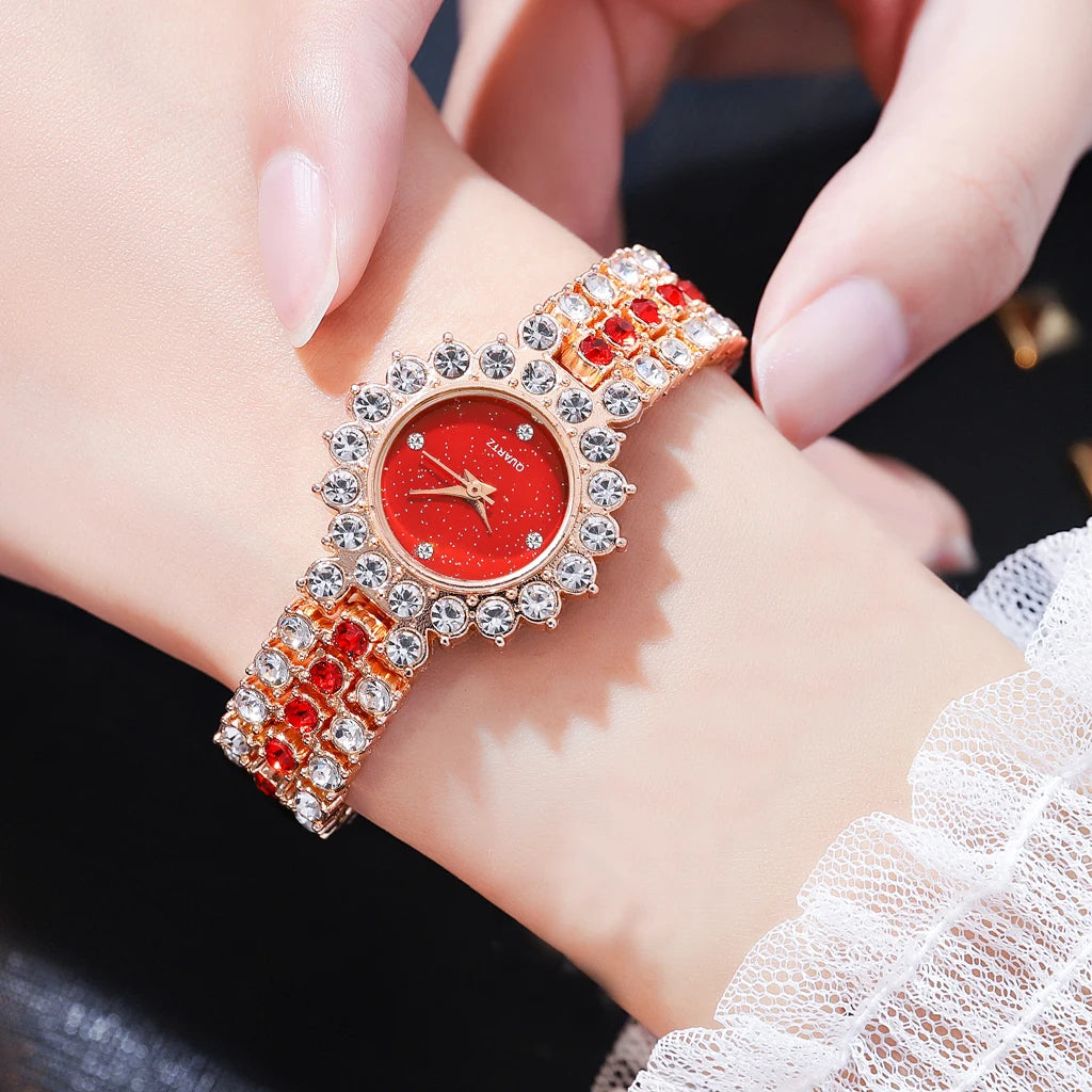 Multicolor Temperament Women's Fashion Crystal Watch Set – Elegant Rhinestone Alloy Wristwatch for Women