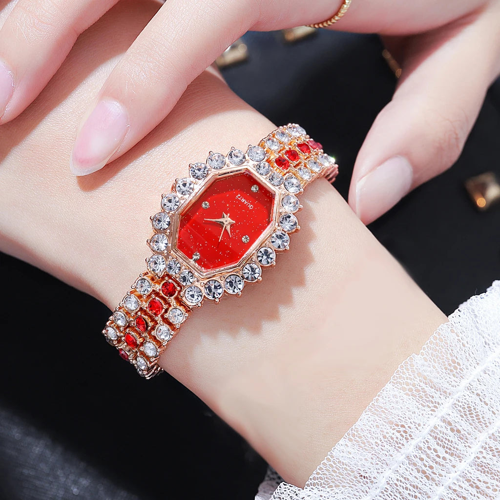 Multicolor Temperament Women's Fashion Crystal Watch Set – Elegant Rhinestone Alloy Wristwatch for Women