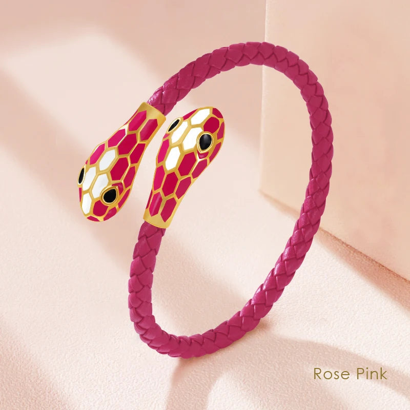 Double Snake Head Leather Bracelet – Classic Moonlight Braided Jewelry for Women’s Fashion with Genuine Leather & Gift Appeal