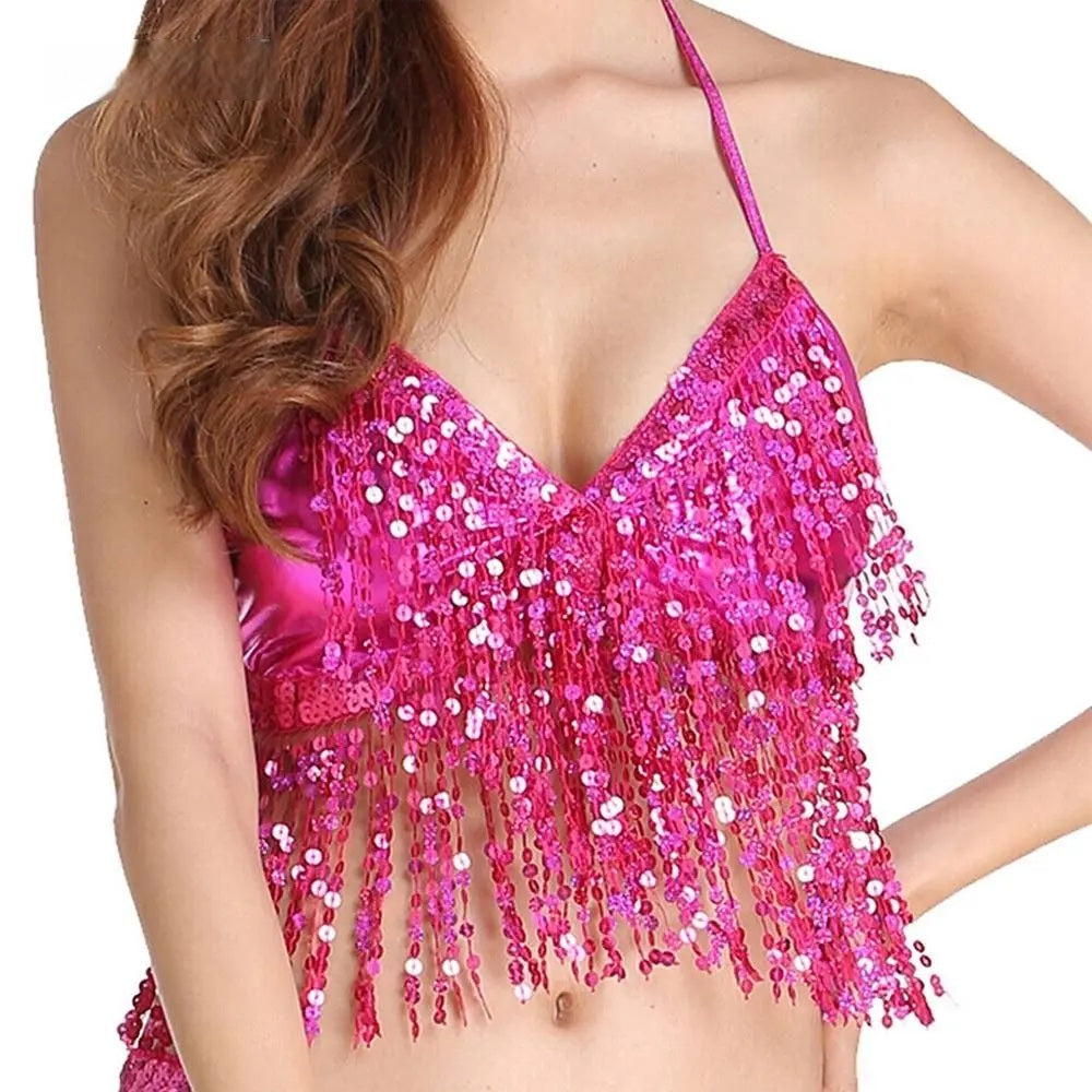 Belly Dance Sequin Fringe Halter Bra – Sparkle in Every Movement with This Show-Stopping Nightclub Performance Dancewear Top