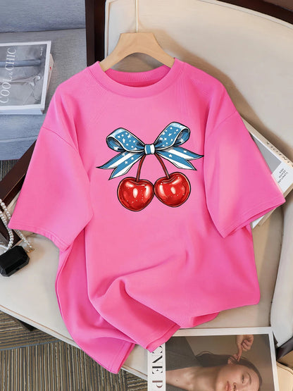 Women’s Cotton Cherry Print T-Shirt – Summer Loose Hip Hop Tee with Flag Bow Detail, Breathable Comfort, and Stylish Streetwear Vibe
