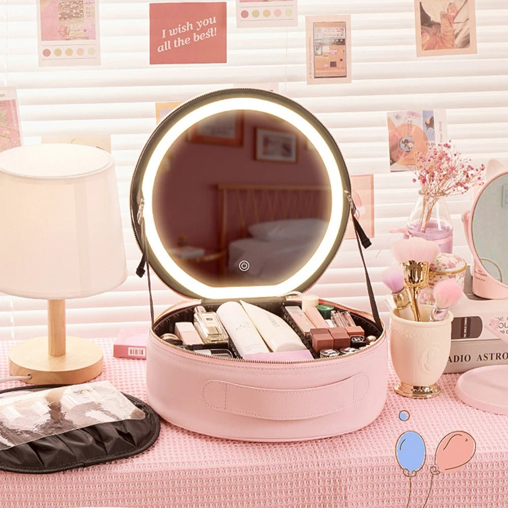 Round Smart LED Makeup Case with Lighted Mirror - Women Beauty Bag Large Capacity PU Leather Travel Organizers Cosmetic Case
