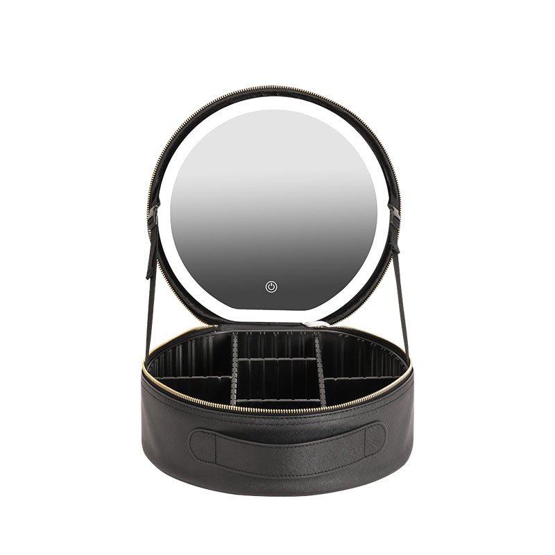 Round Smart LED Makeup Case with Lighted Mirror - Women Beauty Bag Large Capacity PU Leather Travel Organizers Cosmetic Case