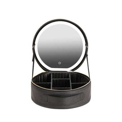 Round Smart LED Makeup Case with Lighted Mirror - Women Beauty Bag Large Capacity PU Leather Travel Organizers Cosmetic Case