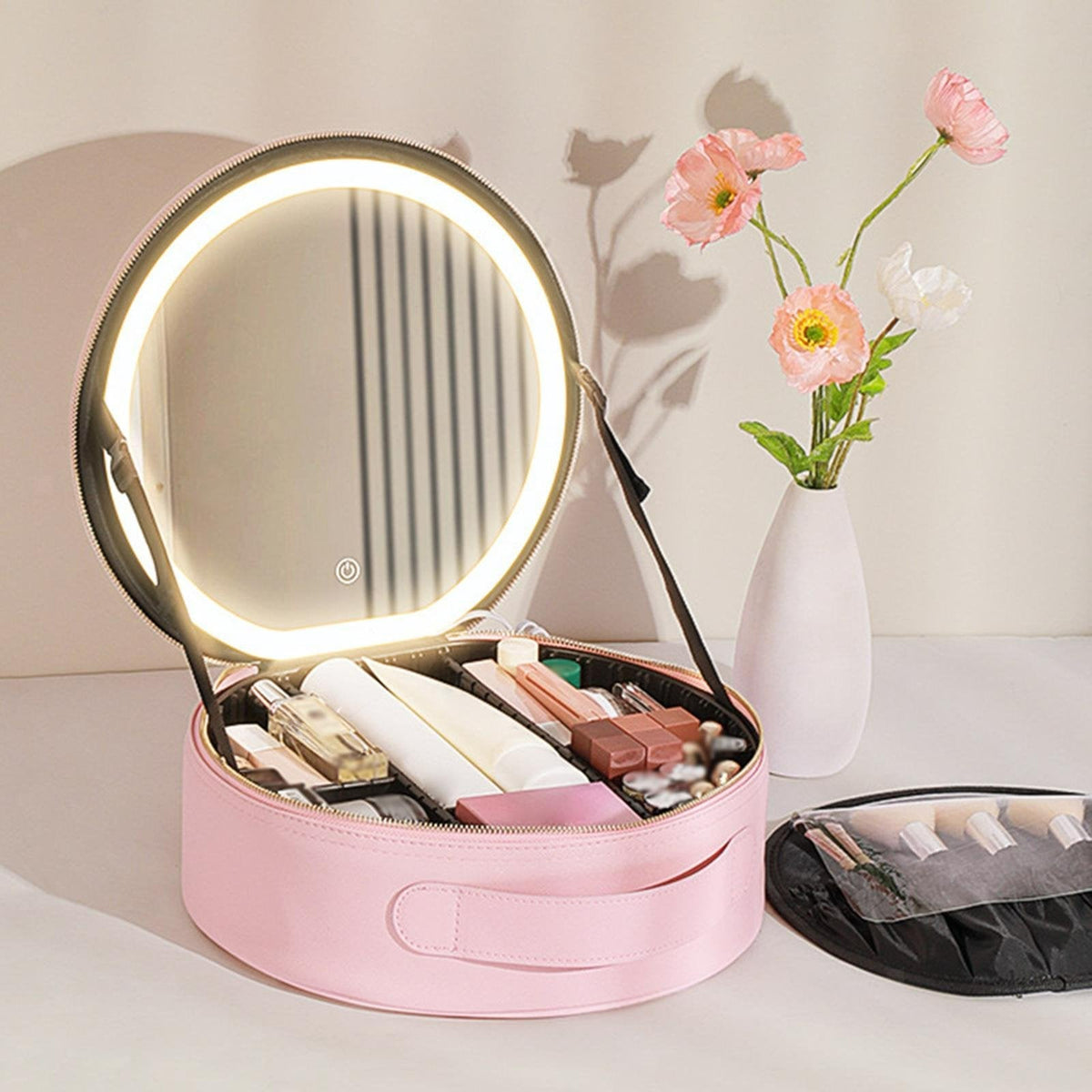 Round Smart LED Makeup Case with Lighted Mirror - Women Beauty Bag Large Capacity PU Leather Travel Organizers Cosmetic Case