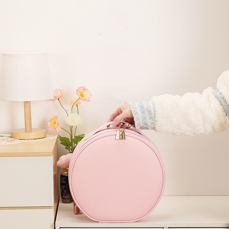 Round Smart LED Makeup Case with Lighted Mirror - Women Beauty Bag Large Capacity PU Leather Travel Organizers Cosmetic Case