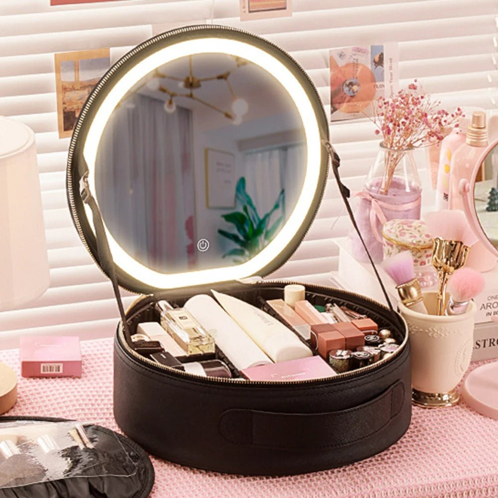 Round Smart LED Makeup Case with Lighted Mirror - Women Beauty Bag Large Capacity PU Leather Travel Organizers Cosmetic Case